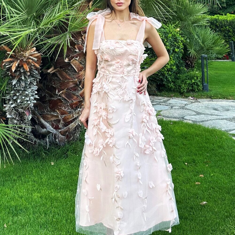 Pink 3D Floral Midi Dress